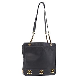 CHANEL Triple Coco Chain Schultertasche aus Leder Schwarz Gold CC Auth 198357