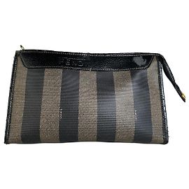 Borsa a pochette Vintage Fendi in tela rivestita Nero Beige