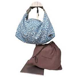 Borsa tote vintage Bottega Veneta in tessuto a pois azzurro e blu navy