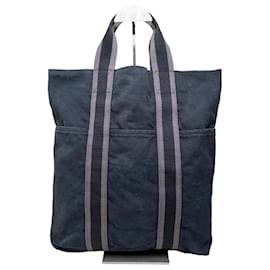 Hermès Bolso Cabas Vintage Hermes Azul Oscuro Gris a Rayas de Algodón