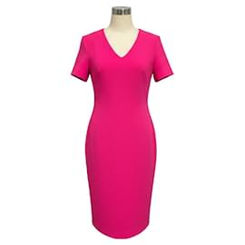 Autre Marque Vestido midi de crepe de lana de manga corta Hot Pink Brandon Maxwell
