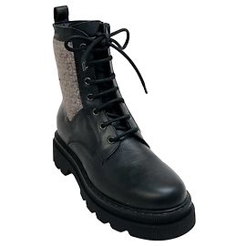 Autre Marque Bottines Cleo Voile Blanche en cuir noir / tweed taupe