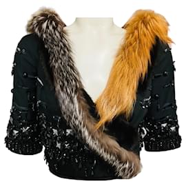 Prada Limited Edition Cropped Jacke aus Wolle und Seide in Schwarz, mit Perlenbesatz, Nerz- und Fuchspelz