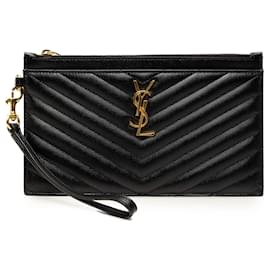 Borsa a pochette Clutch Cassandre in pelle Grain De Poudre Matelassé nera Saint Laurent Large