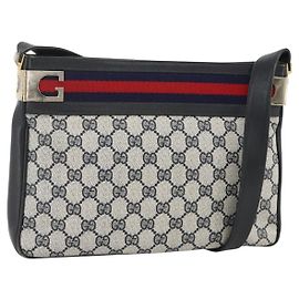 GUCCI Sherry Line GG Supreme Shoulder Bag PVC Navy Gold Red