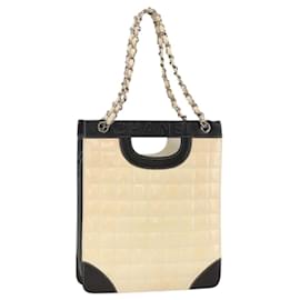 CHANEL Choco Bar Chain Shoulder Bag Patent Leather Beige Silver CC