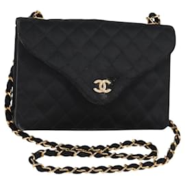 CHANEL Matelasse Chain Shoulder Bag Satin Black Gold CC
