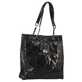 CHANEL Chain Tote Bag Lackleder Schwarz Gold CC