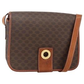 Céline CELINE Bolsa de Ombro Circular em Lona Macadam PVC Couro Castanho Dourado