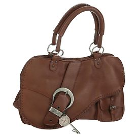 Christian Dior Gaucho Saddle Hand Bag Leather Brown Silver