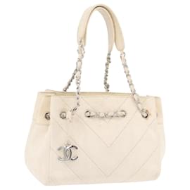CHANEL Chain V Stitch Shoulder Bag Canvas Beige Silver CC