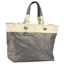 CHANEL Paris Biarritz GM Tote Bag Coated Canvas Gray Silver CC
