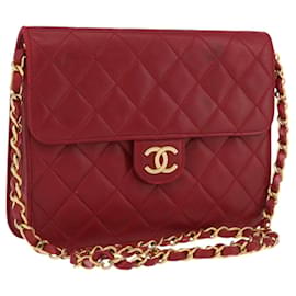 CHANEL Matelasse Chain Shoulder Bag Lamb Skin Red Gold CC