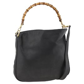 GUCCI Bamboo Shoulder Bag Leather 2way Black Gold 001 1781 1638