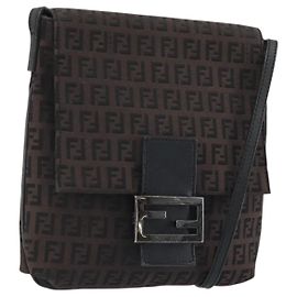 FENDI Zucchino Canvas Mamma Baguette Shoulder Bag Brown Black