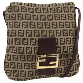 FENDI Zucchino Canvas Mamma Baguette Shoulder Bag Beige Gold