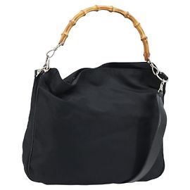 GUCCI Bamboo Shoulder Bag Nylon 2way Brown Silver