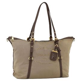 PRADA Tote Bag Canvas Beige Gold
