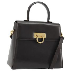 Salvatore Ferragamo Gancini Hand Bag Leather 2way Dark Brown Gold