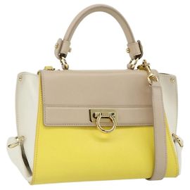 Salvatore Ferragamo Gancini Hand Bag Leather 2way Yellow Gold
