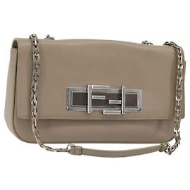 FENDI Chain Trebuquette Shoulder Bag Leather Beige Silver