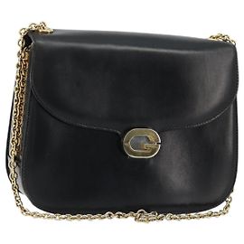 GUCCI Chain Shoulder Bag Leather Black Gold