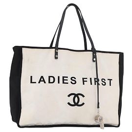 CHANEL Ladies First Tote Bag Canvas White Silver CC