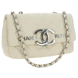 CHANEL Matelasse Chain Shoulder Bag Canvas White Silver CC