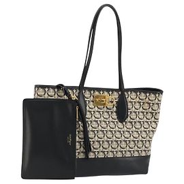 Salvatore Ferragamo Gancini Tote Bag Canvas Black Gold