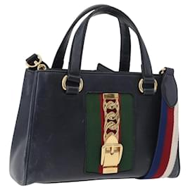 GUCCI Silvi Hand Bag Leather 2way Navy Gold 460381