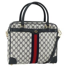 GUCCI GG Supreme Sherry Line Hand Bag PVC 2way Navy Gold 904 02 015