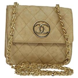 CHANEL Matelasse Chain Shoulder Bag Lamb Skin Beige Gold CC