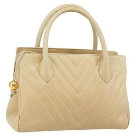 CHANEL V Stitch Hand Bag Lamb Skin Beige Gold CC