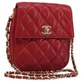 CHANEL Matelasse Chain Shoulder Bag Lamb Skin Red Gold CC