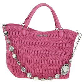 Miu Miu Matelasse Crystal Hand Bag Leather 2way Pink Silver RN0896