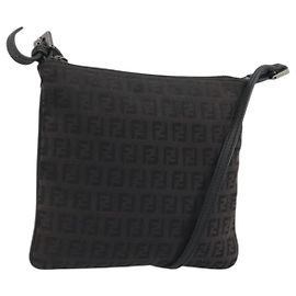 FENDI Zucchino Canvas Shoulder Bag Silver Black