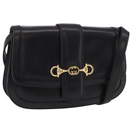 GUCCI Horsebit Shoulder Bag Leather Black Gold