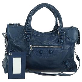 BALENCIAGA Giant City Hand Bag Leather 2way Blue Silver 258044