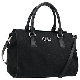 Salvatore Ferragamo Gancini Bag Canvas Leather 2way Black Silver