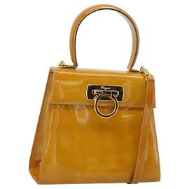 Salvatore Ferragamo Gancini Hand Bag Patent leather 2way Gold Yellow