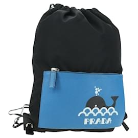Zaino PRADA in nylon e pelle, nero, blu e argento, autentico 92876