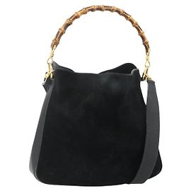 GUCCI Bamboo Hand Bag Suede 2way Black Gold 001 2113 1638