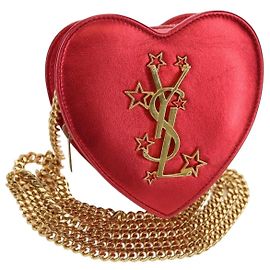 SAINT LAURENT Bolso de hombro Love Heart Chain de piel rojo y dorado