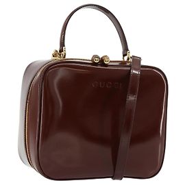 GUCCI Bamboo Vanity Hand Bag Patent leather 2way Brown Gold