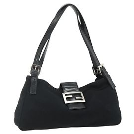 FENDI Mamma Baguette Shoulder Bag Nylon Black Silver