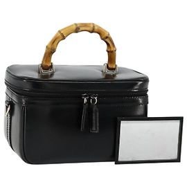 GUCCI Bamboo Vanity Hand Bag Leather Black Silver