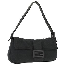 FENDI Mamma Baguette Hand Bag cotton Gray Silver