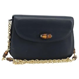 GUCCI Schultertasche aus Leder mit Bambuskette Navy Gold