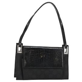GUCCI Shoulder Bag Embossed leather Black Silver 001 3158