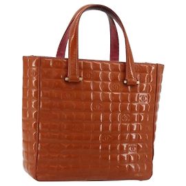 CHANEL Choco Bar Hand Bag Patent leather Orange Gold CC